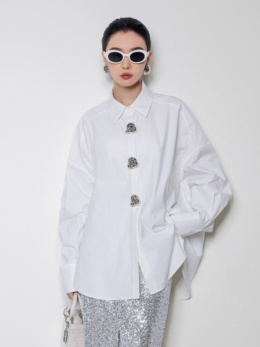 金属大ボタン 蝙蝠袖 オーバーサイズ 白シャツ（AVN030）