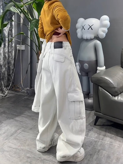 裏起毛ライトグレー多ポケット工装ワイドデニム（AVN014）