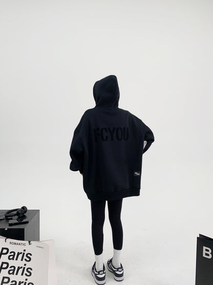 重厚フリース オーバーサイズ 裏起毛フーディ（植毛プリント）（AVN058）