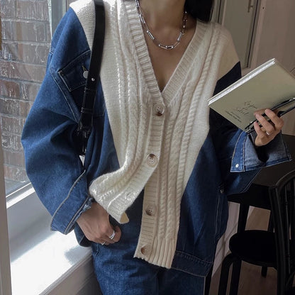 デニムニットカーディガン｜ミックスのレイヤード風デザイン（HU930）