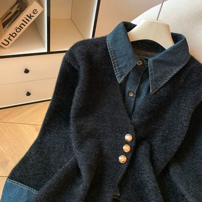 切り替えレイヤードニット｜デニム襟デザイン セーター（MF940）