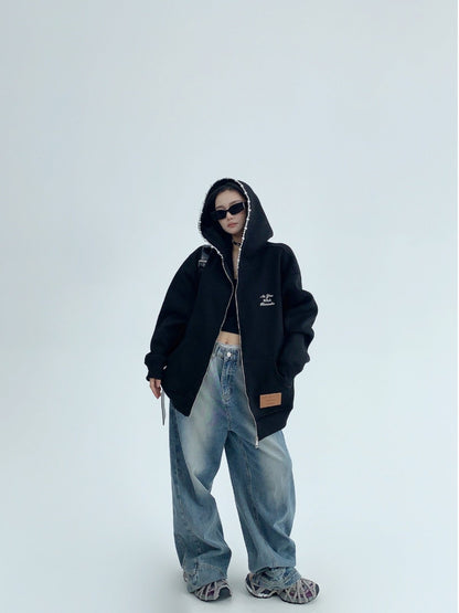 帽縁ビーズ付き 裏起毛 オーバーサイズ フーディ（AVN064）