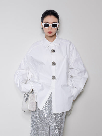金属大ボタン 蝙蝠袖 オーバーサイズ 白シャツ（AVN030）