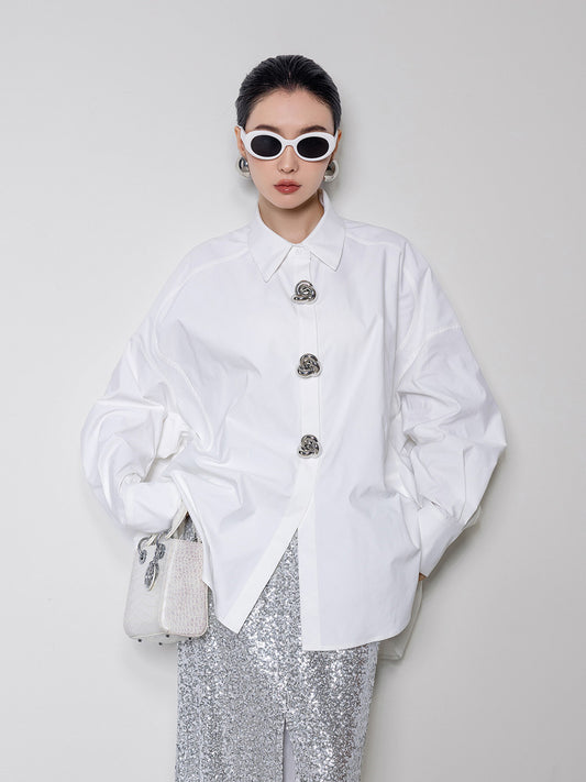 金属大ボタン 蝙蝠袖 オーバーサイズ 白シャツ（AVN030）