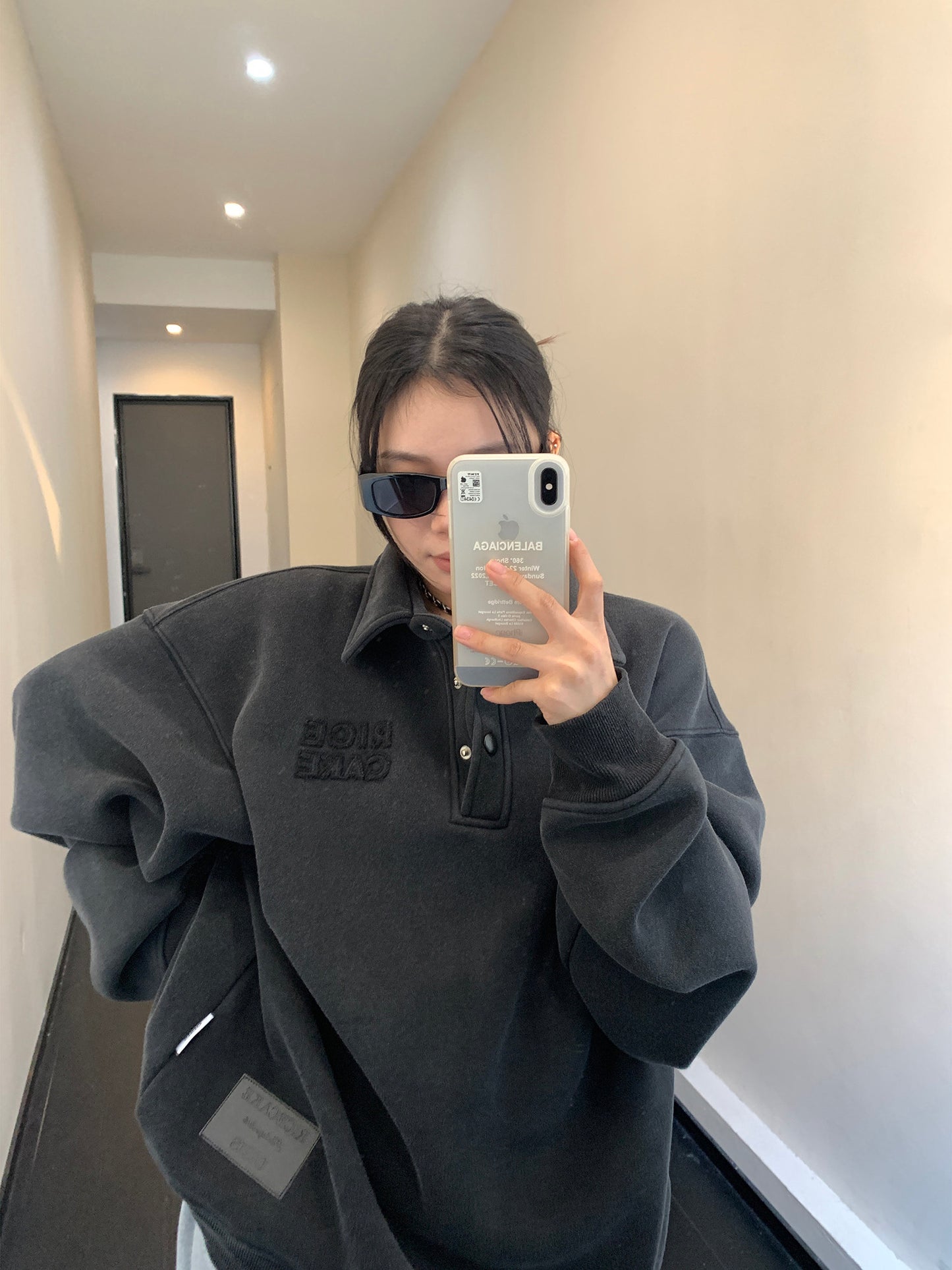 廃材風ヴィンテージ刺繍 裏起毛ポロ襟スウェット（600g）（AVN046）