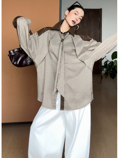 メラード配色×レザー切替 千鳥格チェック タイデザインシャツ（AVN026）