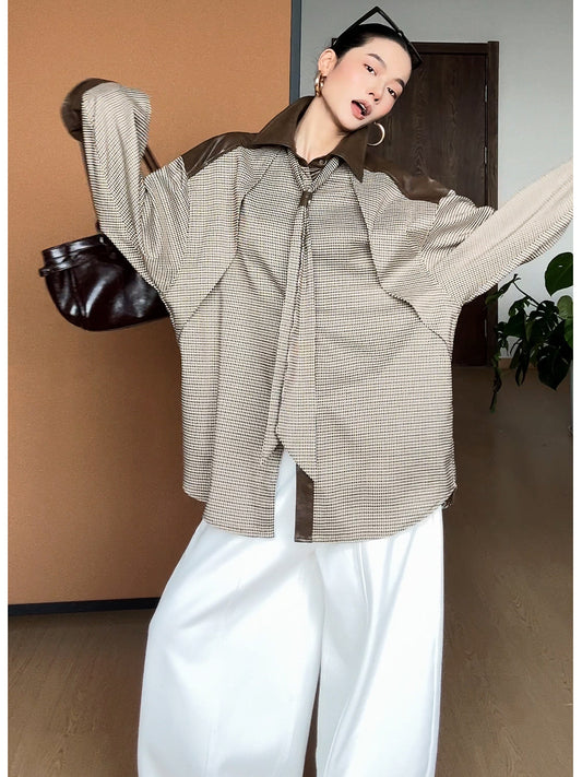 メラード配色×レザー切替 千鳥格チェック タイデザインシャツ（AVN026）