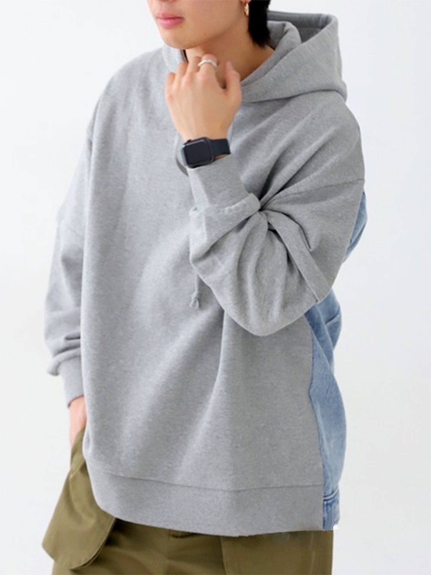 デニム切替パーカー｜ルーズデザインフーディー（HU110）