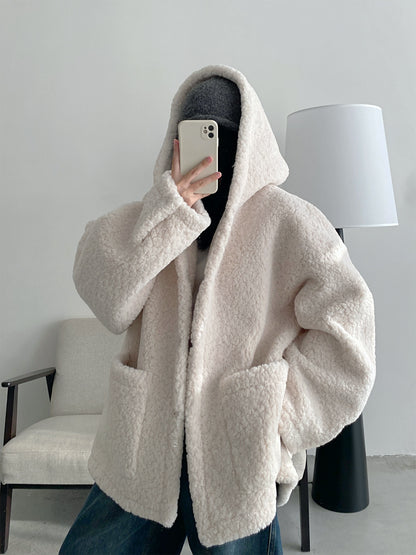 白色 連帽 エコファー 皮毛一体 加厚 フード付きコート（AVN041）