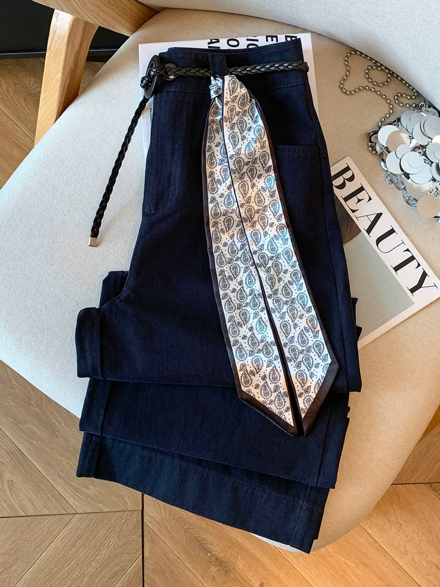 スカーフベルト付きワイドストレートパンツ（HU007）